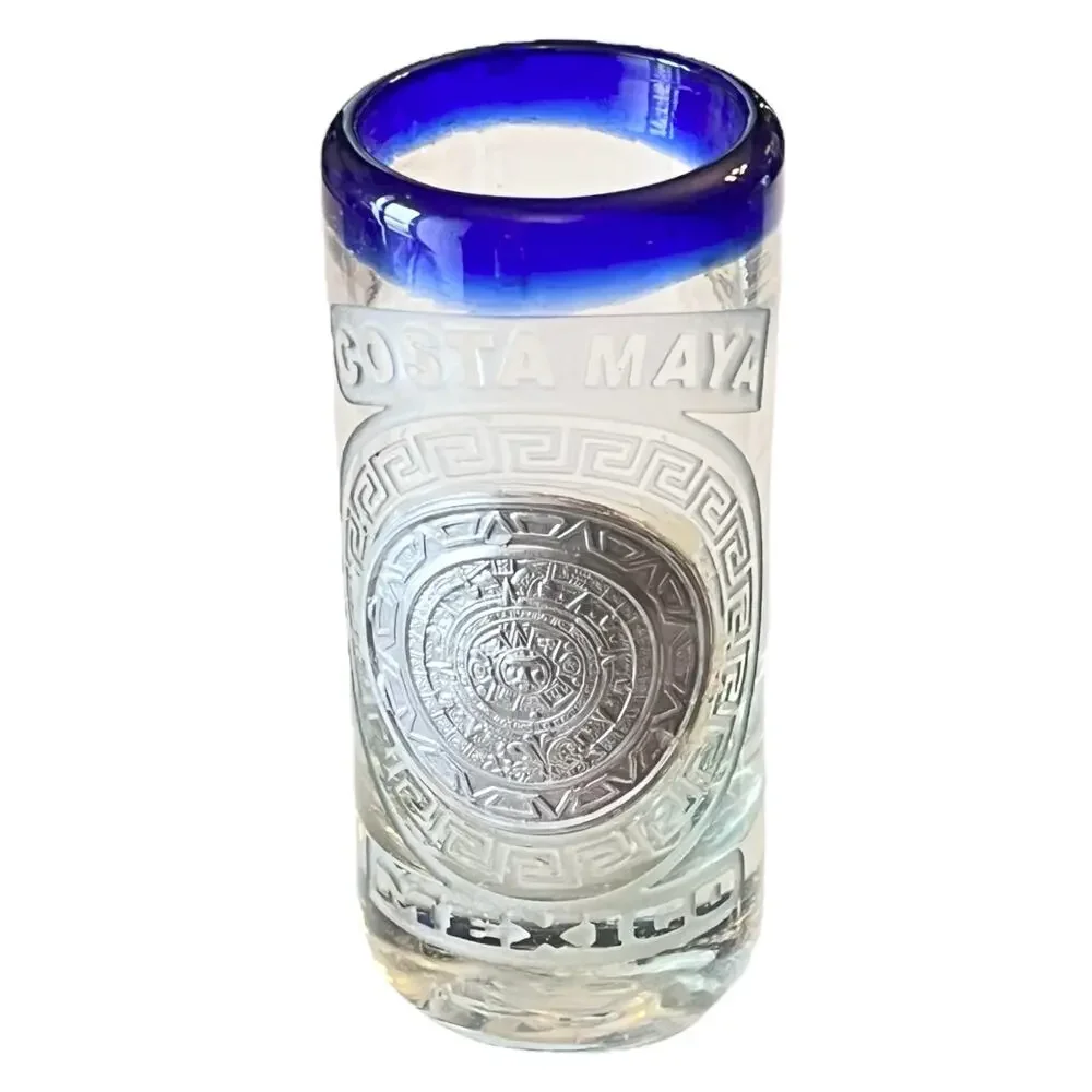 VTG Hand Blown DOUBLE SHOT GLASS Costa Maya Mexico Blue Rim Silver Medallion